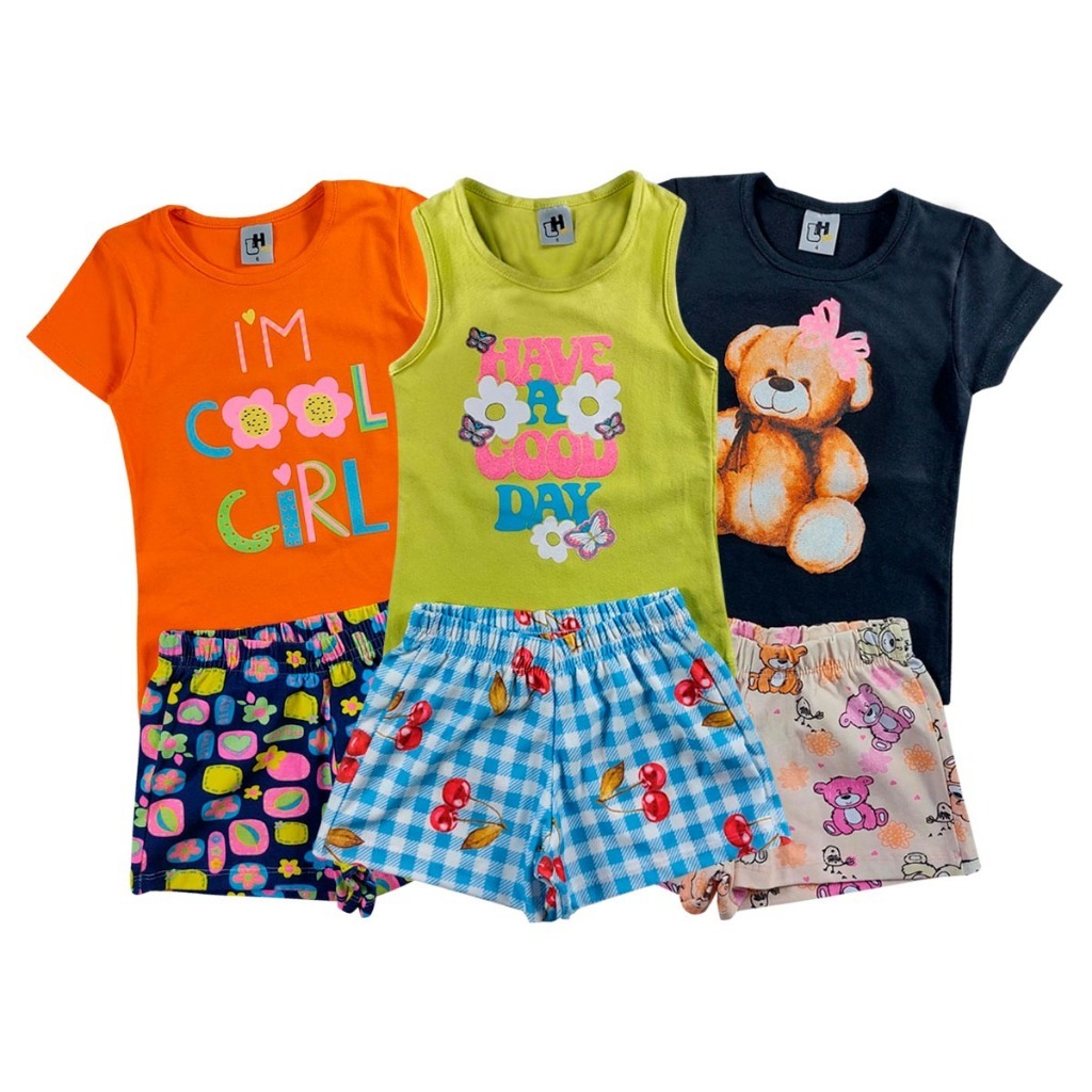 Conjunto feminino infantil bermuda e camisa ou regata estampa divertida sortidas tamanhos 1 2 3
