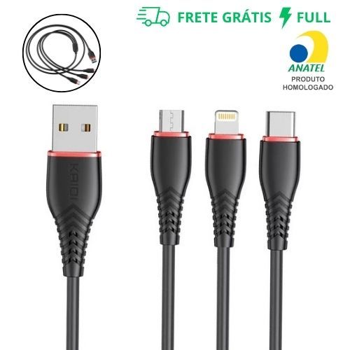 CABO CARREGADOR KAIDI 3 EM 1 PARA IPHONE, TIPO-C E MICRO USB CARREGAMENTO KD-30