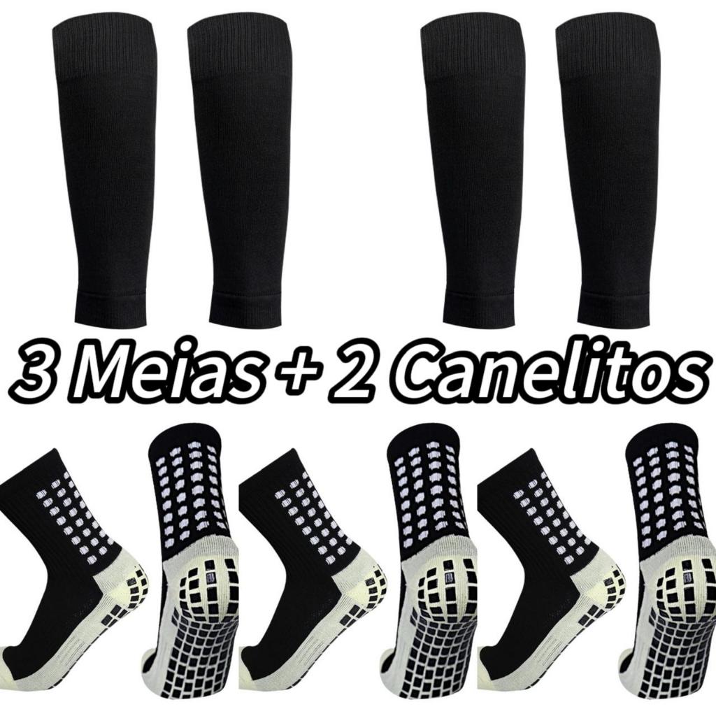 KIT (3 Pares Meias + 2 Pares CANELITO ) Meia Antiderrapantes Esportivas Futebol Proteção Algodão