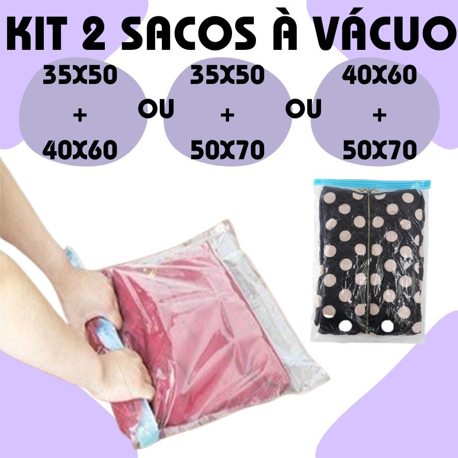 Kit 2 Sacos À Vácuo Com Zíper 35x50 40x60 50x70 Viagens Bagagem Roupas Organização