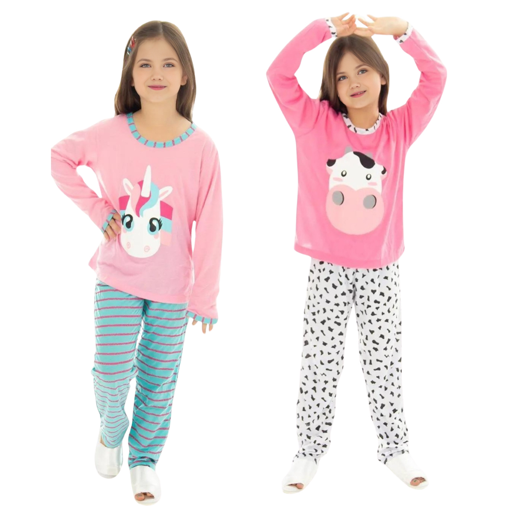 Kit 2 Pijama Longo Infantil Feminino Estampa Sortida Manga Longa Inverno Personagens
