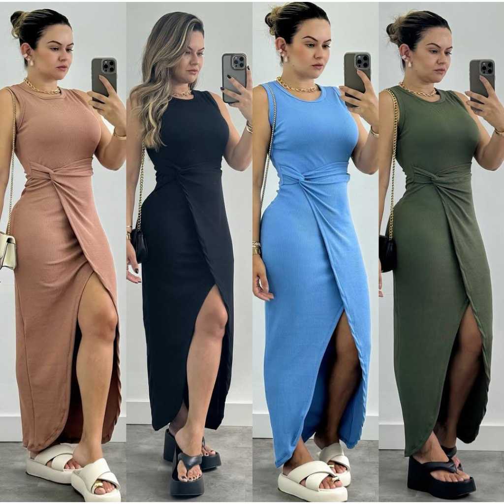 Vestido Larissa Midi Canelado com Fenda Elegante Fashion Atemporal Feminino
