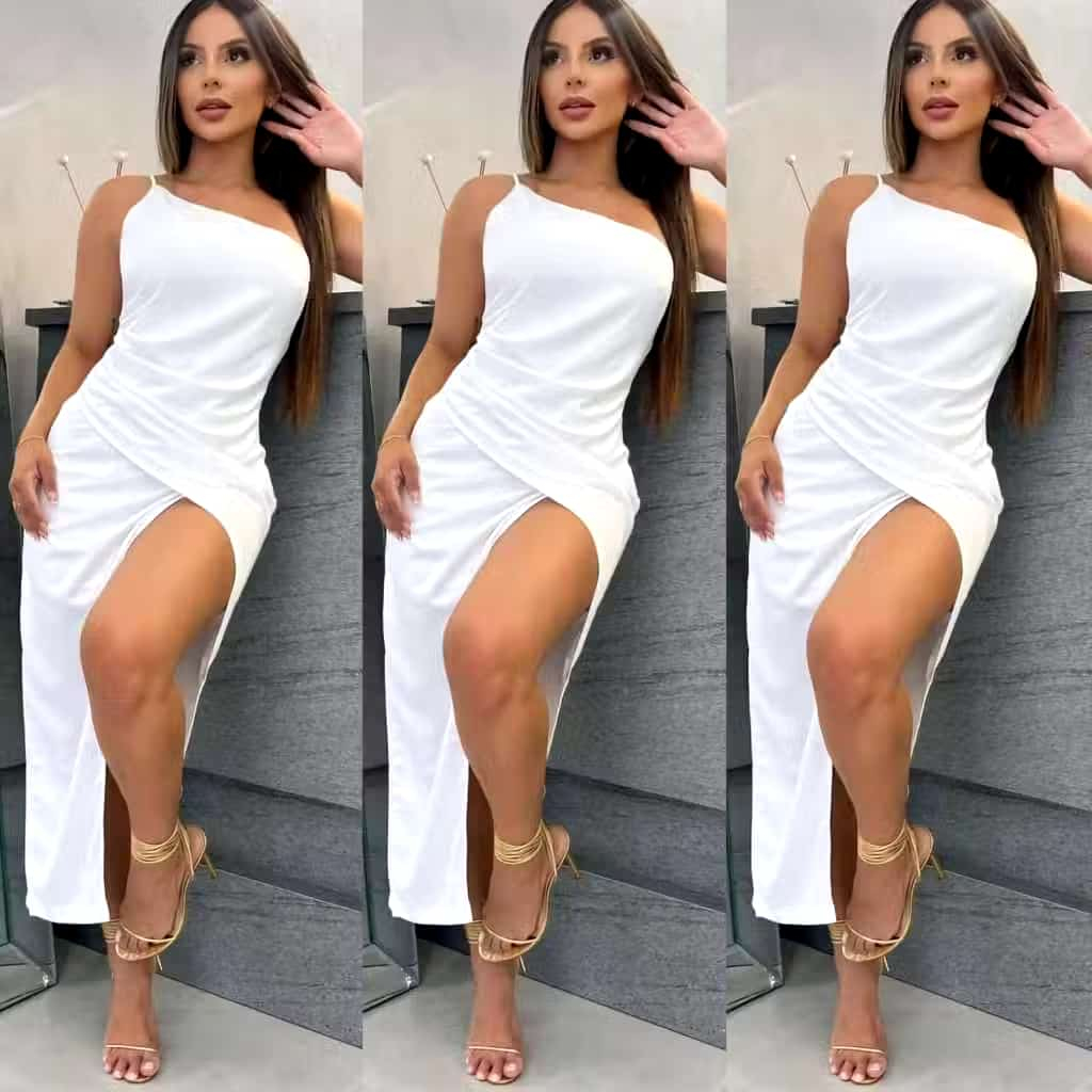 Vestido Midi Colado vestido Feminino Mula Manca Um Ombro Só Vestido com fenda vestido feminino
