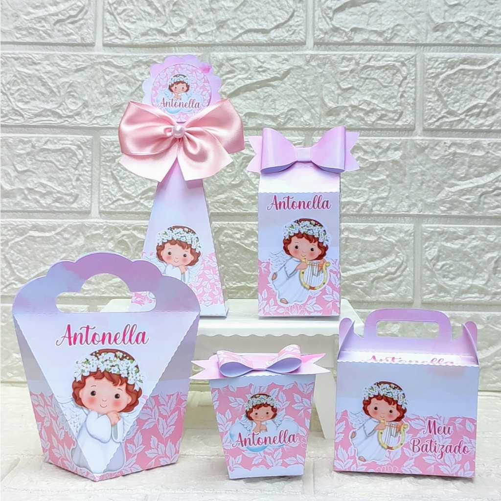 Kit Caixinhas Personalizadas Batizado Rosa Lembrancinha Papelaria Pegue e Monte