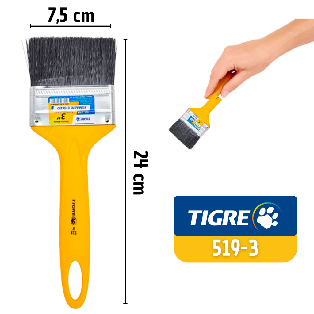 Trincha Pincel 519-3 Esmalte E Óleo Profissional Amarela Cerdas Macias Para Pintura Limpeza Tigre