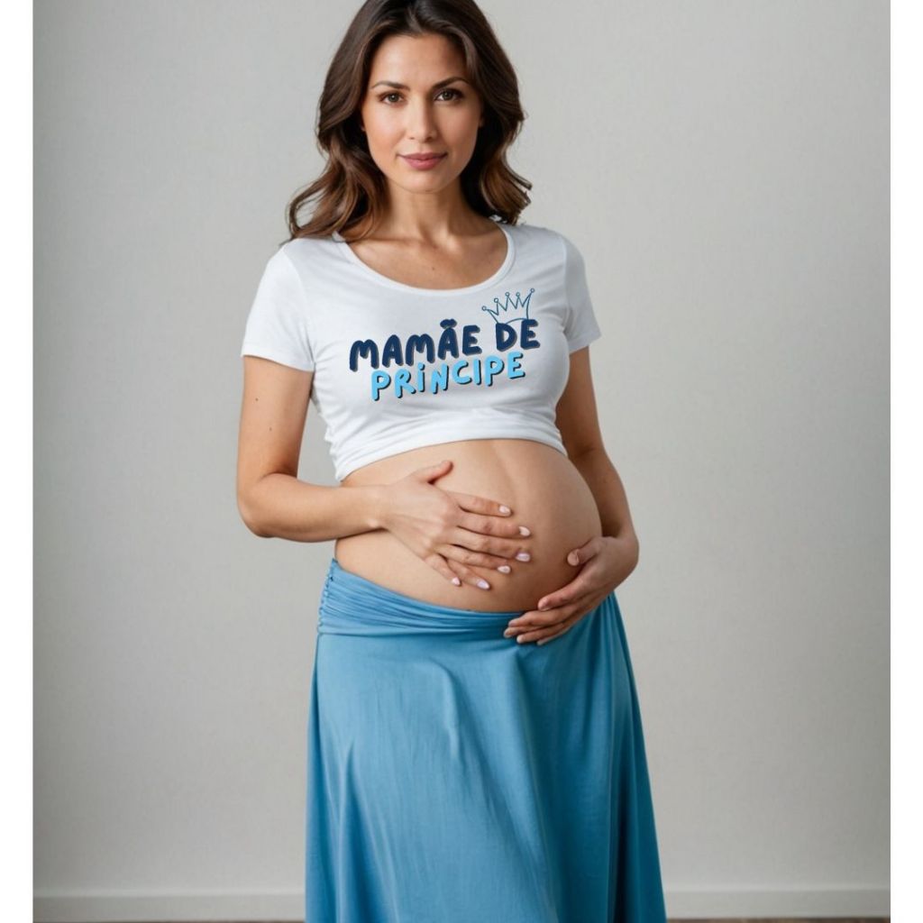 Camiseta Cropped Feminina Algodão Mãe De Menino Mãe de Príncipe Gestante Gravida Chá de Bebê Maternidade Casual