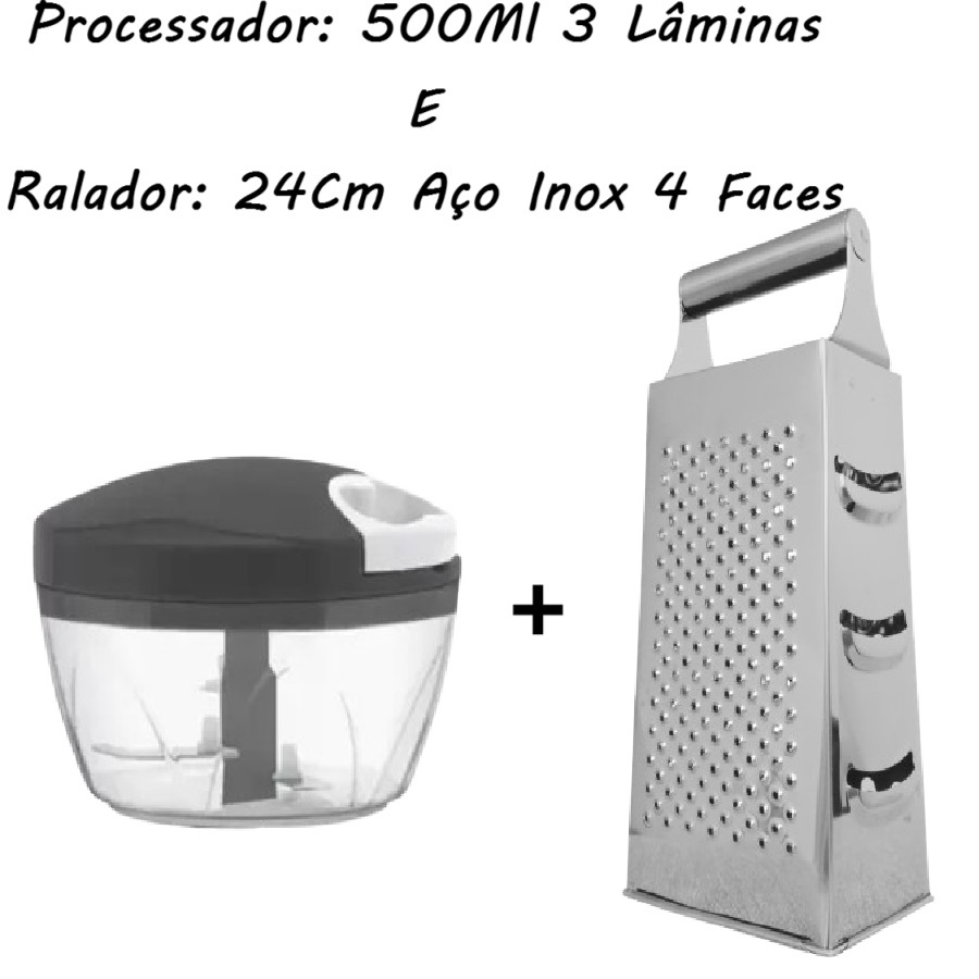 Processador 500Ml 3 Lâminas Manual Alimentos Triturador E 24Cm Ralador Inox 4 Faces Resistente