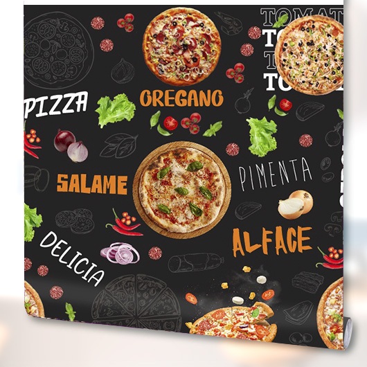 Papel de Parede Adesivo Decoração Cozinha Pizzaria Pizza Tomate Cebola Salame Alface Fundo Preto
