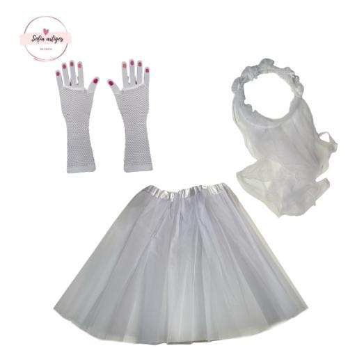KIT FANTASIA DE NOIVA+SAIA DE TULE BRANCA+VÉU DE NOIVA+LUVA ARRASTÃO BRANCA OU LUVA CURTA DE TECIDO