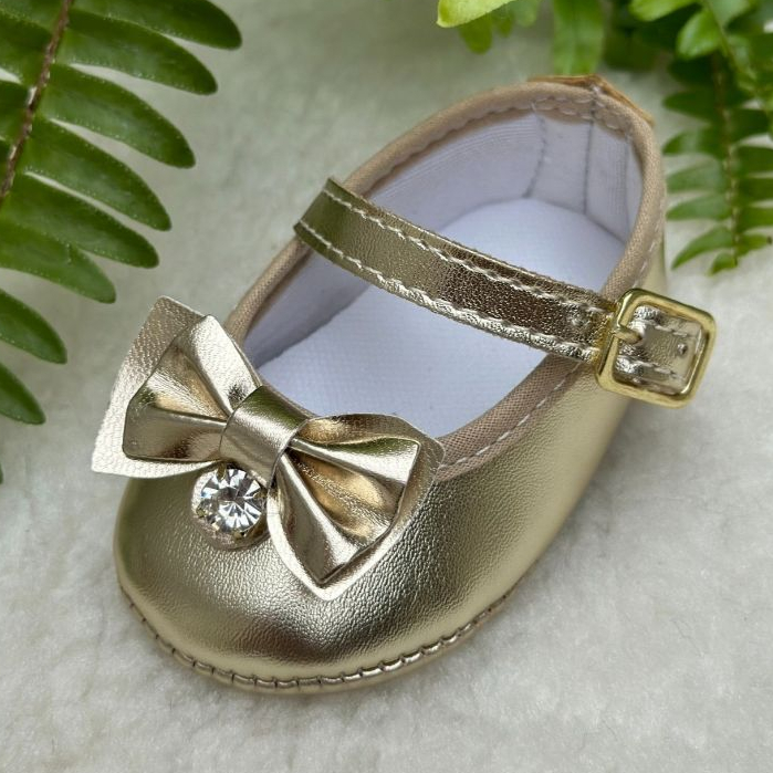 Sapatilha Bebê tipo Boneca Dourada com laço de verniz e Strass direto da fábrica – Ouro Light