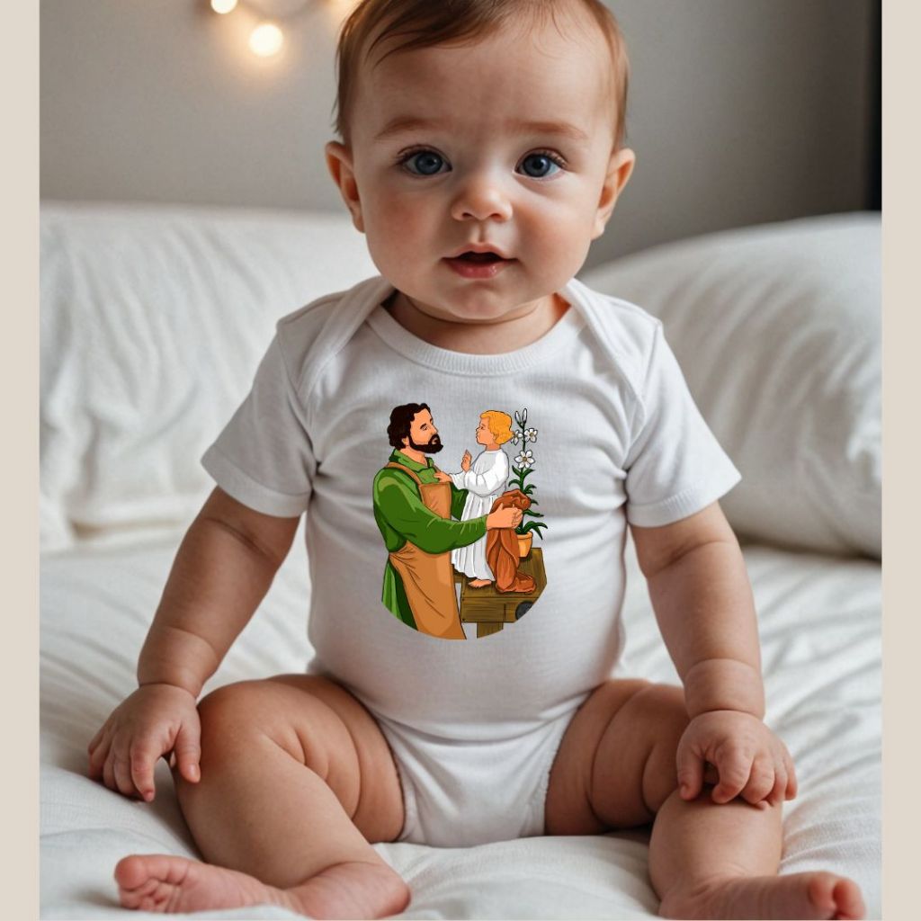 Body Algodão Infantil Glorioso São José Operário e  o Menino Jesus Amor Paternal Body Católico Devoção  Fé Religião
