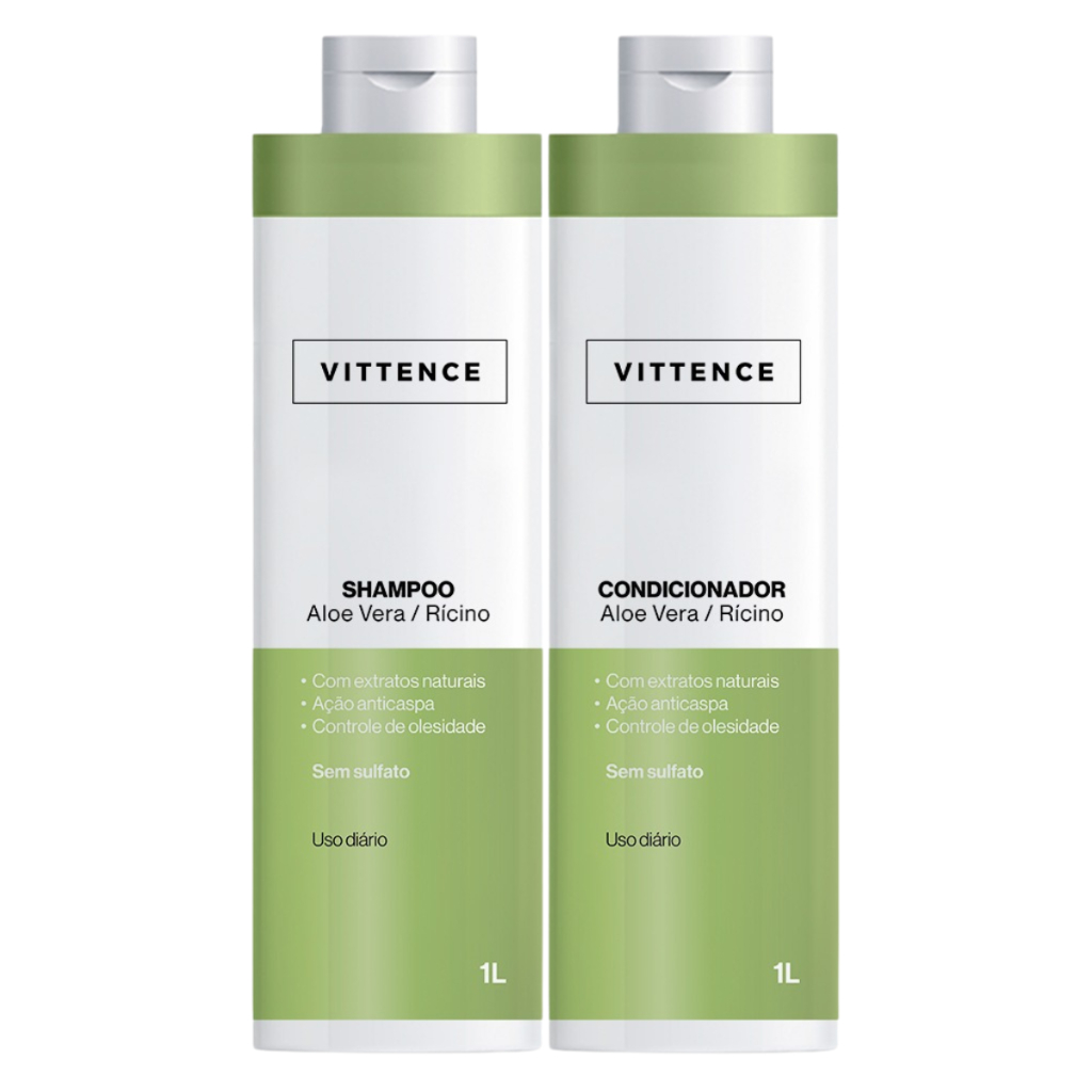 Kit Vittence Tratamento Aloe Vera Rícino Shampoo Condicionador Anticaspa Controle Oleosidade 1L em Oferta na Shopee