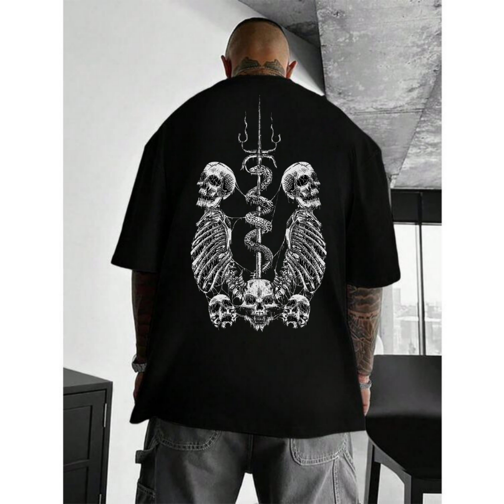 Camiseta Oversized Streetwear Masculina Estampado Esquelo Camisa 100% Algodão Lançamento