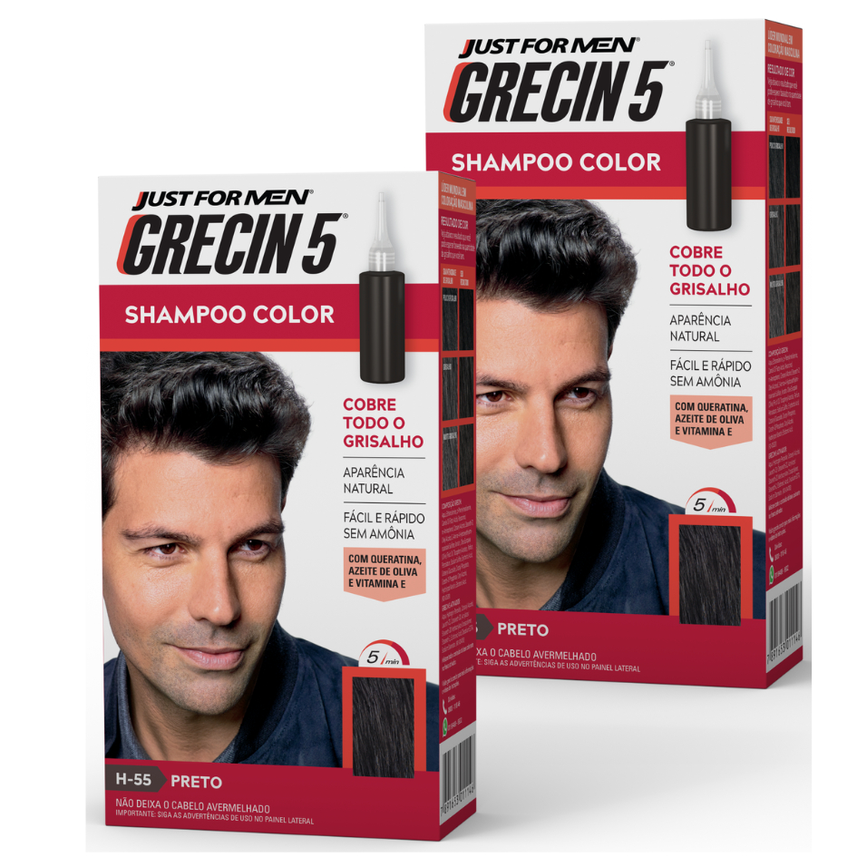 Kit 2x unidades - Grecin 5 Shampoo Tintura Tonalizante Preto H-55 60ml - Cobre os cabelos grisalhos em 5 minutos. em Oferta na Shopee