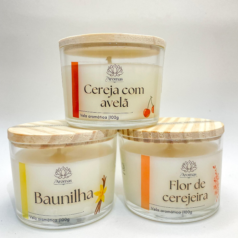Kit 3 Velas Aromáticas Artesanais 100g - Cereja com avelã, Flor de cerejeira e Brisa do ma...
