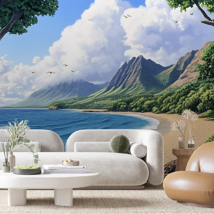 Papel De Parede  3D Papel De Parede Para Sala Paisagem Praia Mar Montanhas Adesivo Lavavel