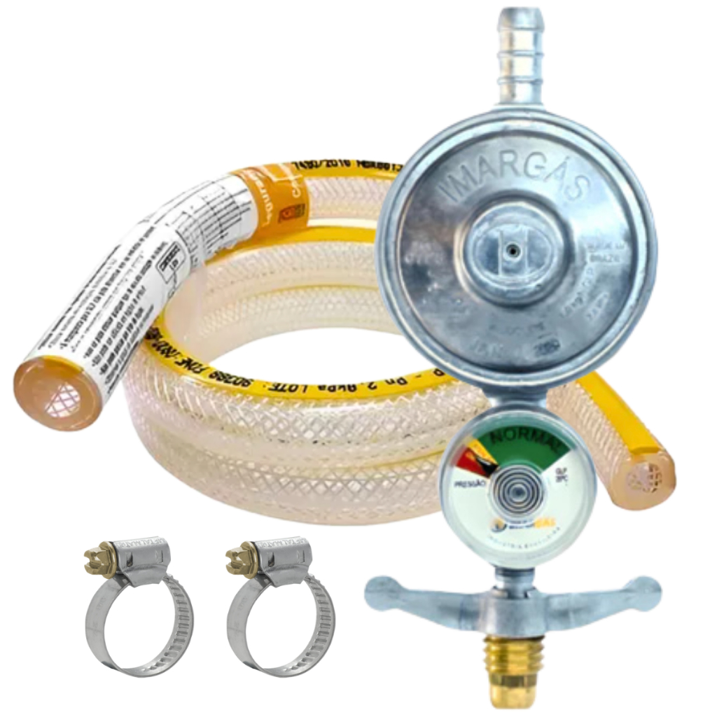 Kit Instalação Gás De Cozinha Regulador Registro Com Manometro + Mangueira De 2M + Abraçadeiras