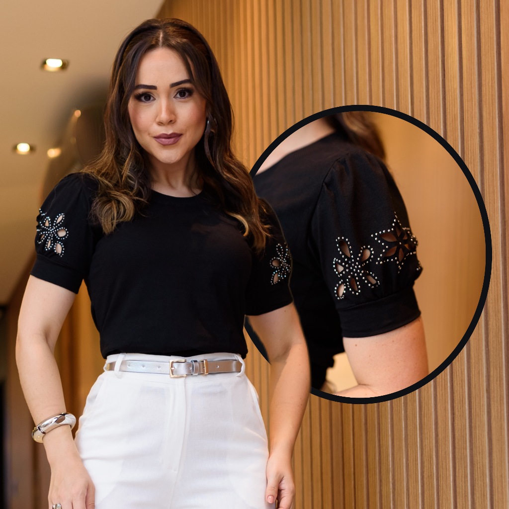 Blusa Com Manga Estilosa e  Bordado Computadorizado  Feminina Blusinha Camisa T-Shirt em Oferta na Shopee