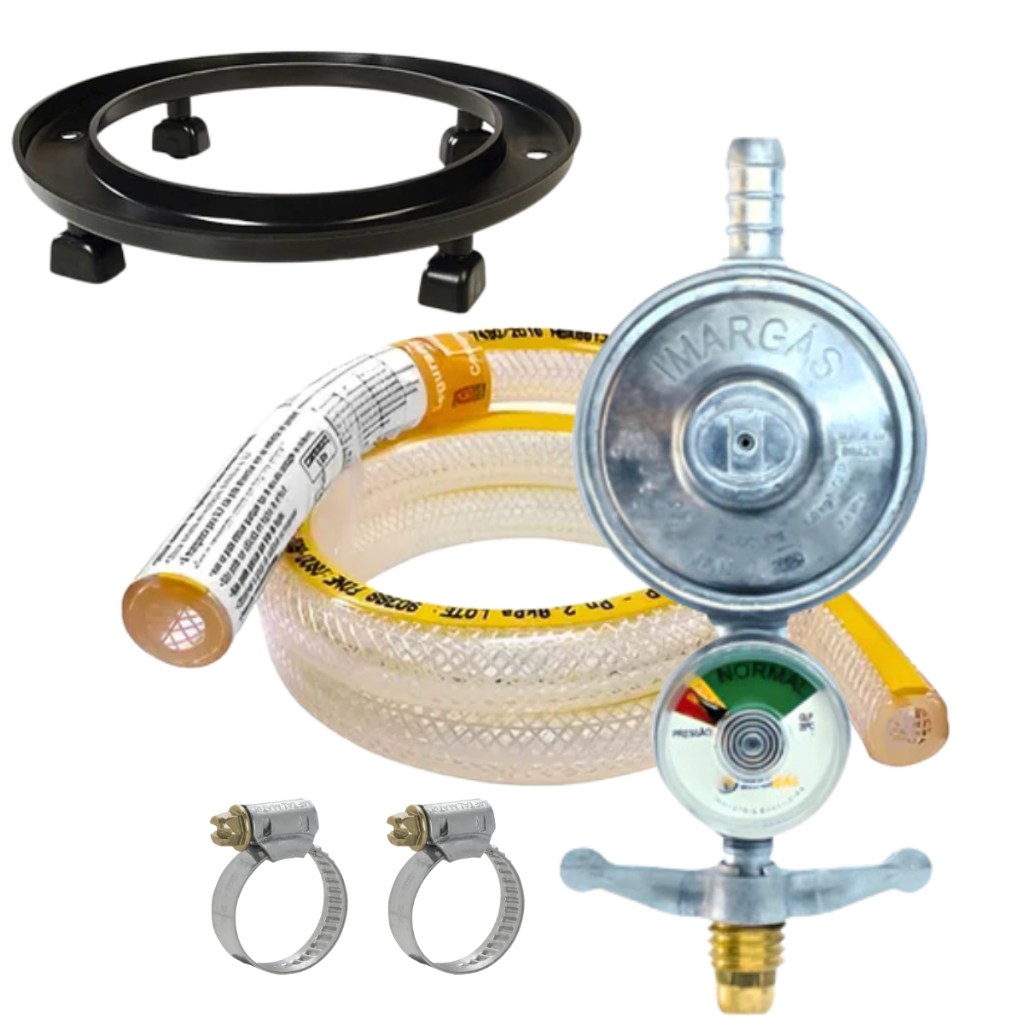 Kit Registro Gás Cozinha C/ Medidor Manômetro + Mangueira 2 Metros + Abraçadeiras + Suporte Botijão