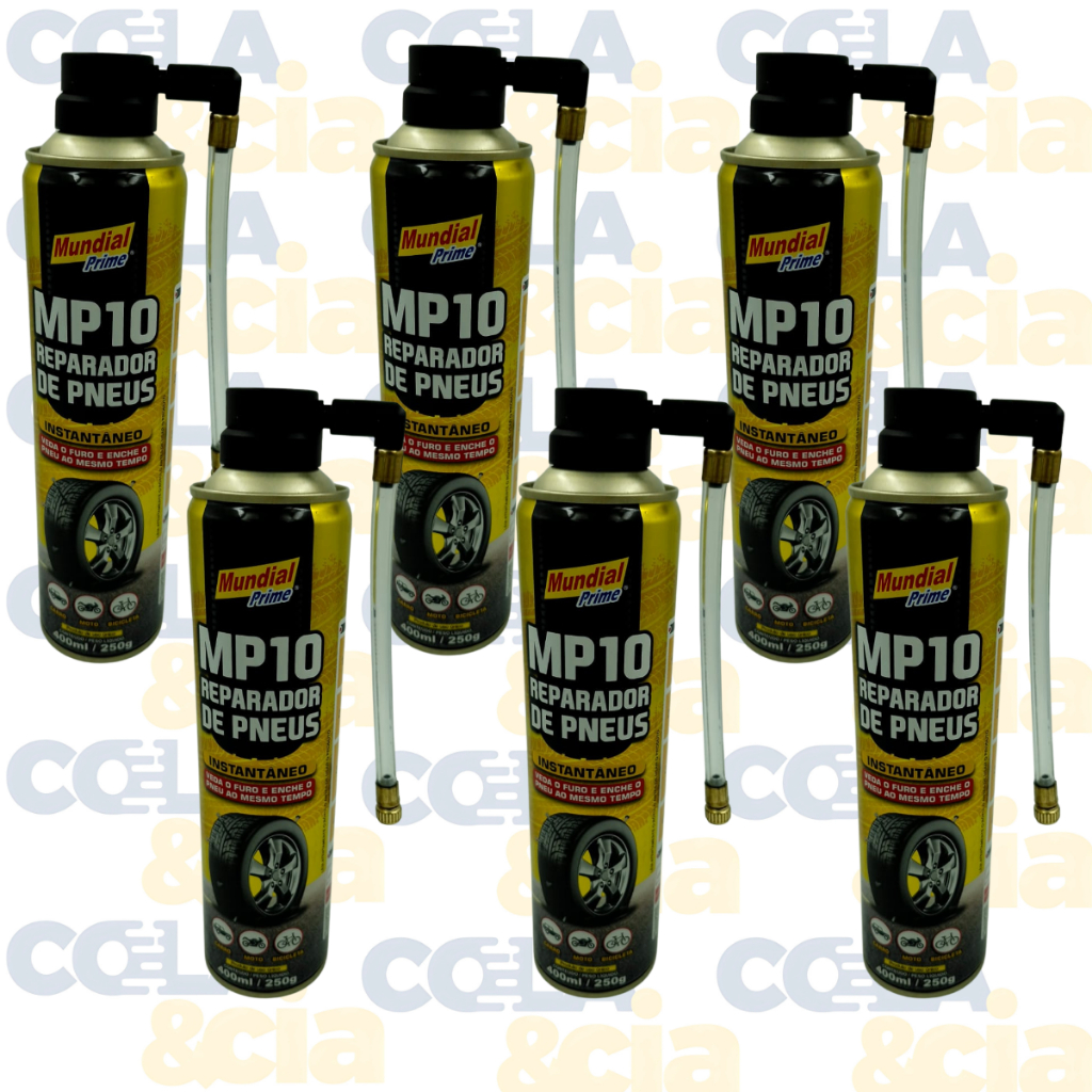 Kit 6 Reparador De Pneus Mundial Prime MP10 400ml, Enche E Veda O Furo