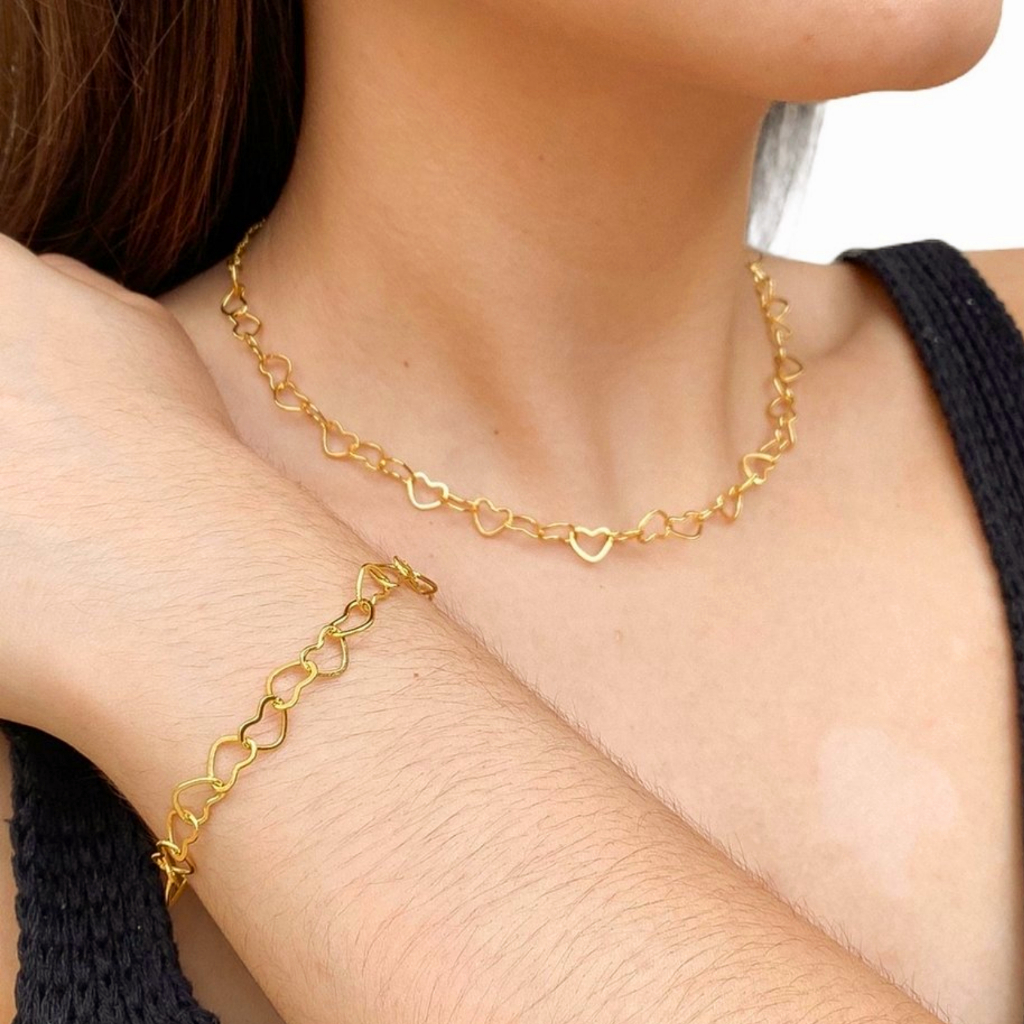 Kit Colar + Pulseira Feminino Corações Vazado Luxo Banhado em Ouro 18k Atacado e Revenda em Oferta na Shopee