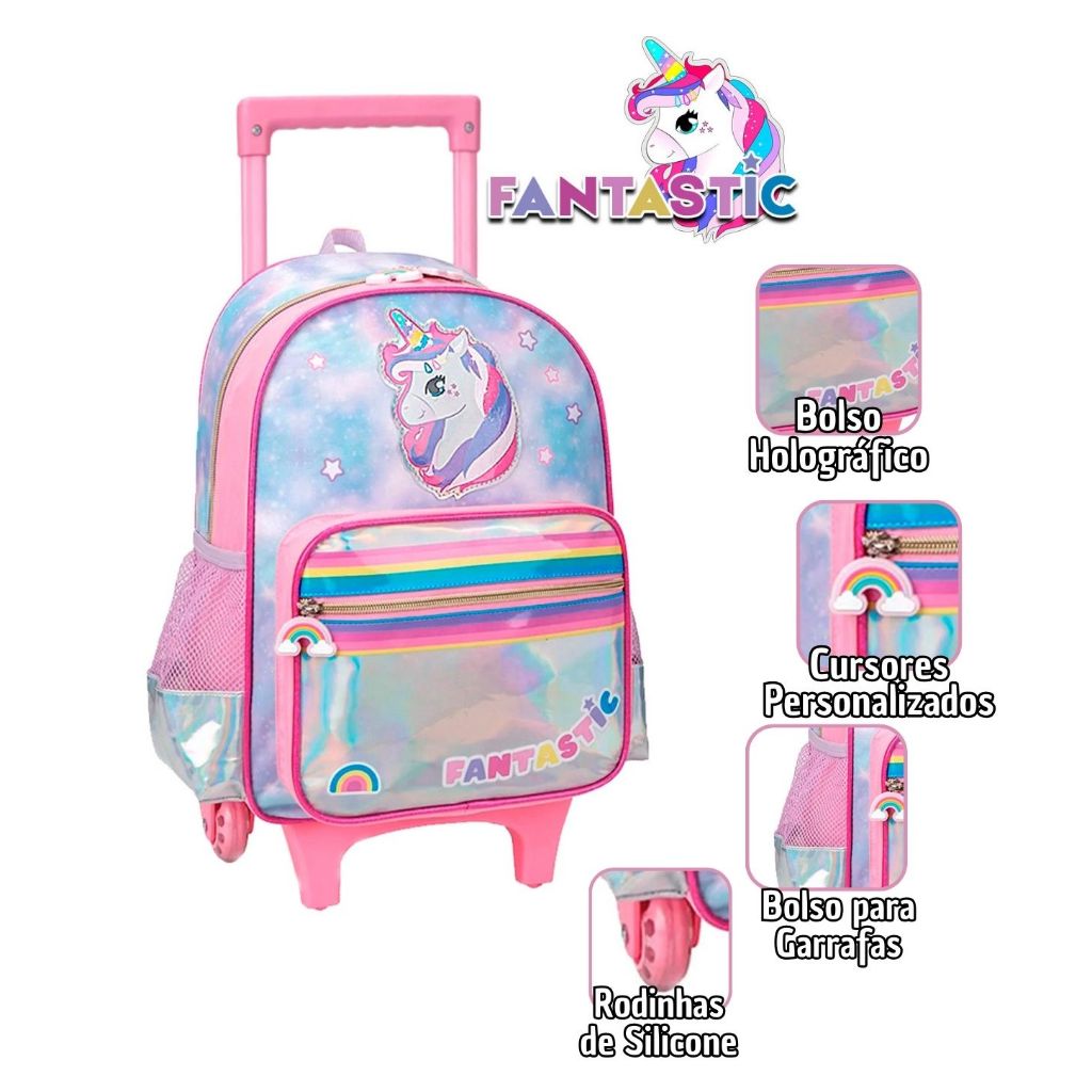 Kit Mochila Com Carrinho Unicórnio Com Lancheira e Estojo