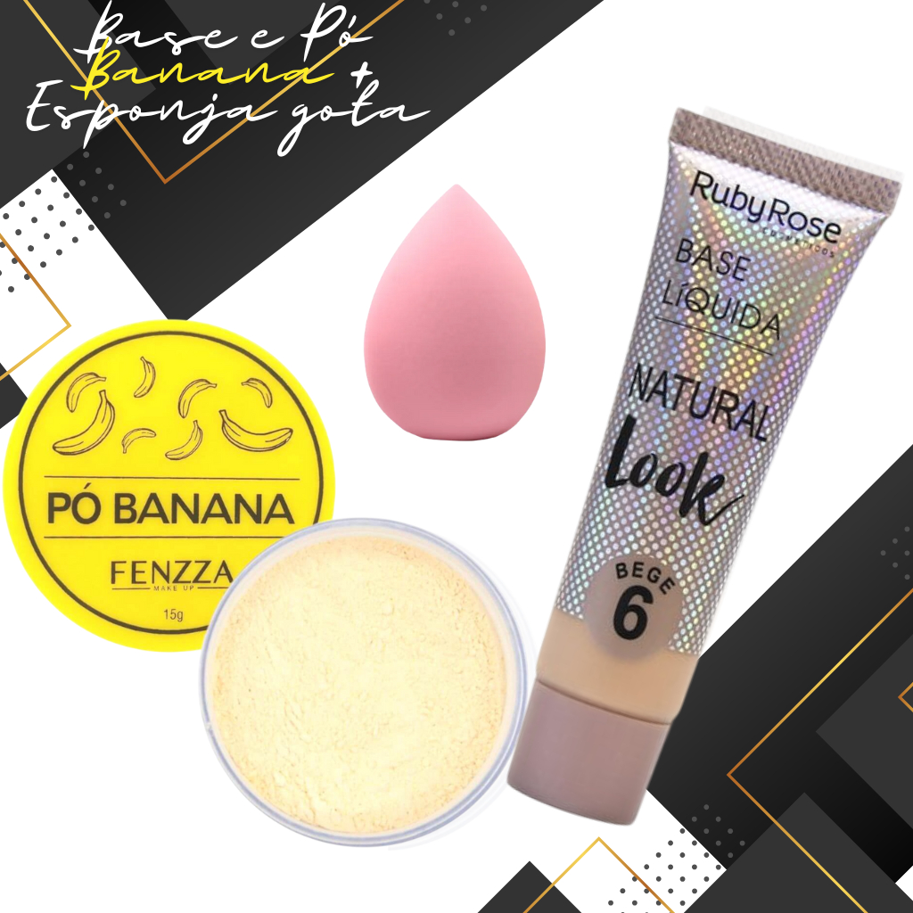 Base Liquida Ruby Rose kit Esponjas e Pó banana Facial Solto 3 Itens Maquiagem