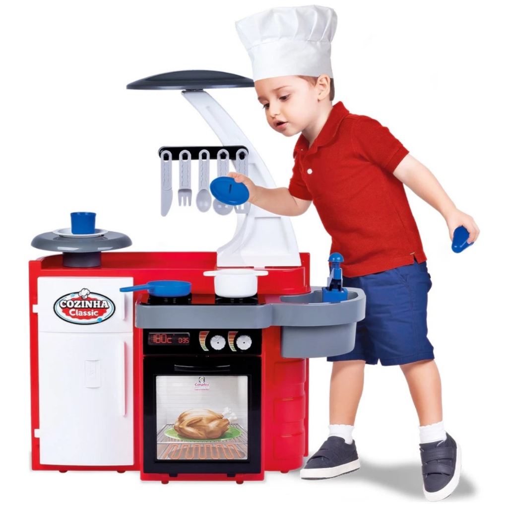 Cozinha Faz De Conta Vermelha Classic com Fogão Geladeira e Pia que Sai Água de Verdade Infantil Cotiplás em Oferta na Shopee