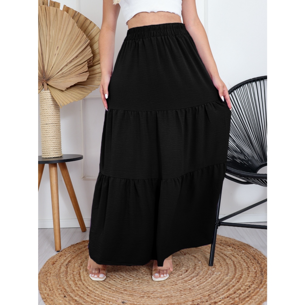 MONNEI Saias Longa sólido Três Maria em camadas Cintura elástico em Oferta na Shopee