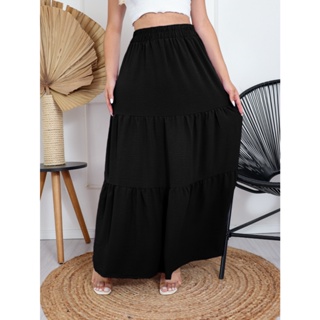 MONNEI Saias Longa sólido Três Maria em camadas Cintura elástico em Oferta na Shopee