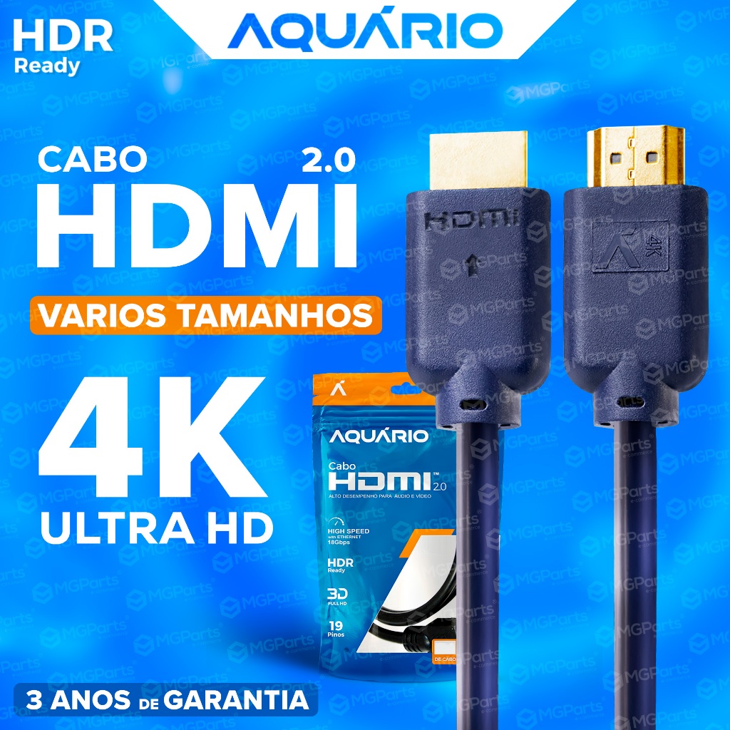 Cabo HDMI 2.0 Profissional Ultra 4K de 1 a 10 Metros Blindado Gold Garantia 3 Anos Aquário