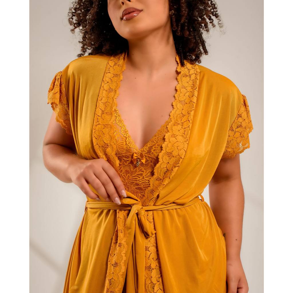 Robe Feminino em Liganete com Renda Confortável Leve Elegante Manga Curta