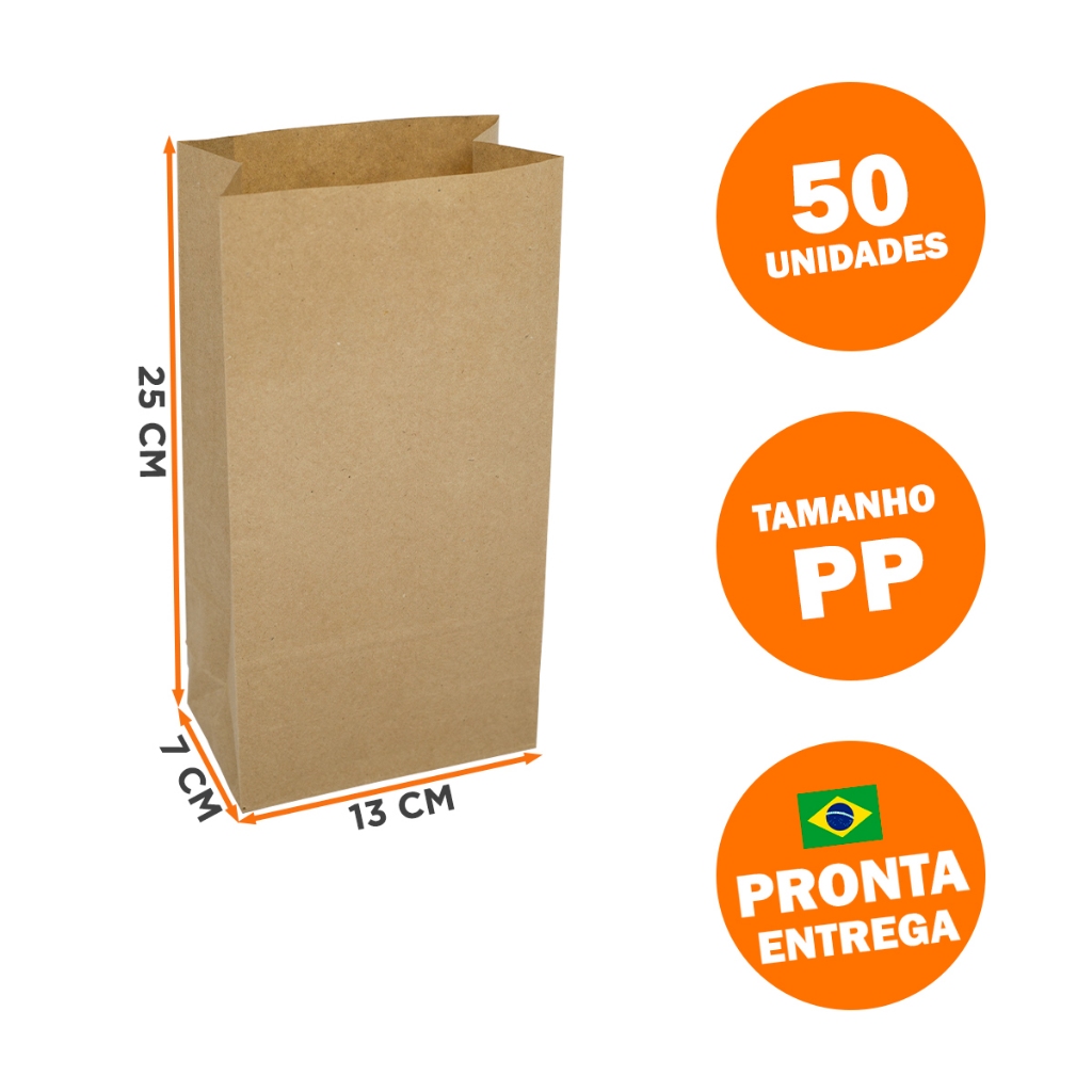 50 Sacos De Papel Kraft 25 x 13 x 7 cm Tamanho PP Delivery Hamburguer Lanches em Oferta na Shopee