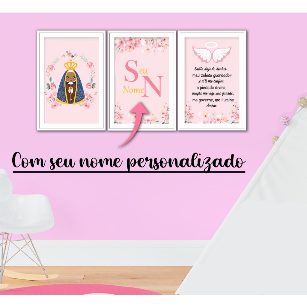 Quadro Decorativo 3 Peças Menina Nossa Senhora Aparecida Santo Anjo do Senhor Oração Criança