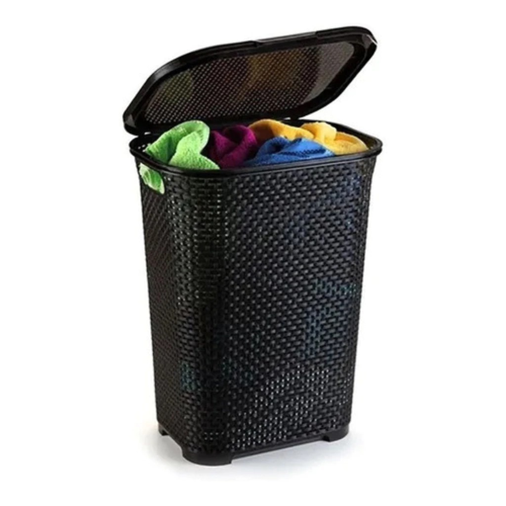 Cesto Organizador Com Tampa 45L Preto Para Quarto Banheiro e Lavanderia