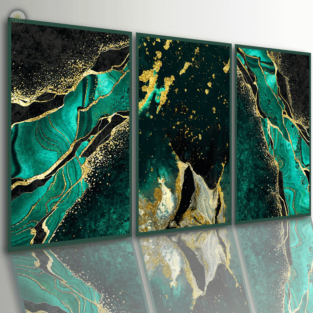 Kit 3 Quadros Decorativos Modernos – Verde e Dourado Luxo para Sala e Quarto
