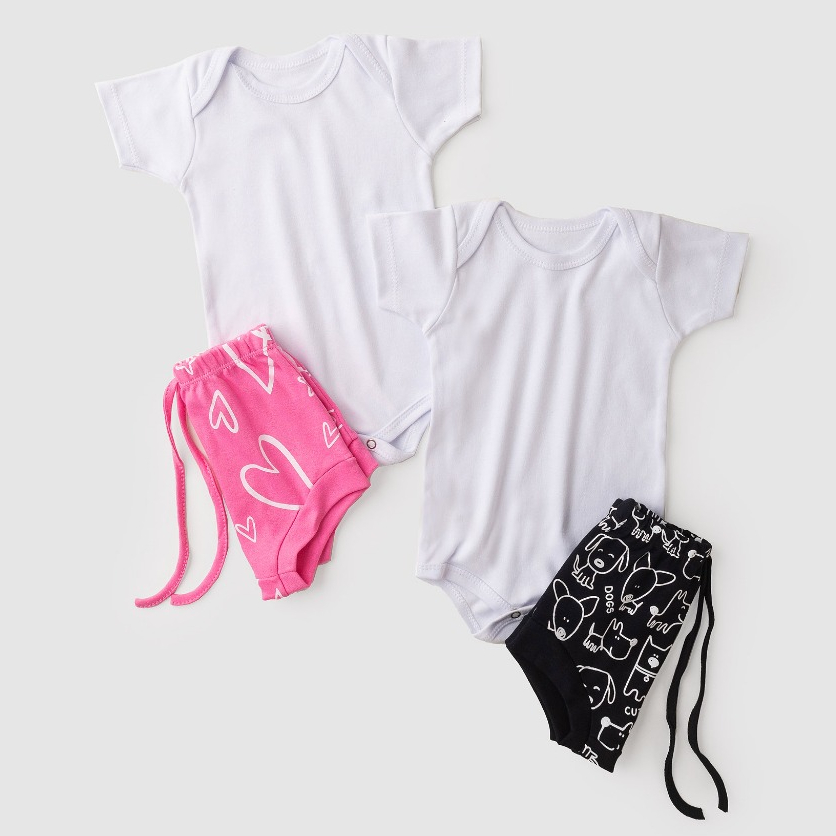 Conjunto Bebê Body Curto e Tapa Fralda Estampado (P/M/G/GG)