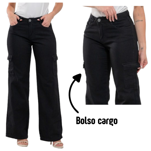 Calça Wide leg Cargo bolso do lado Feminina Jeans Pantalona Cintura alta Premium