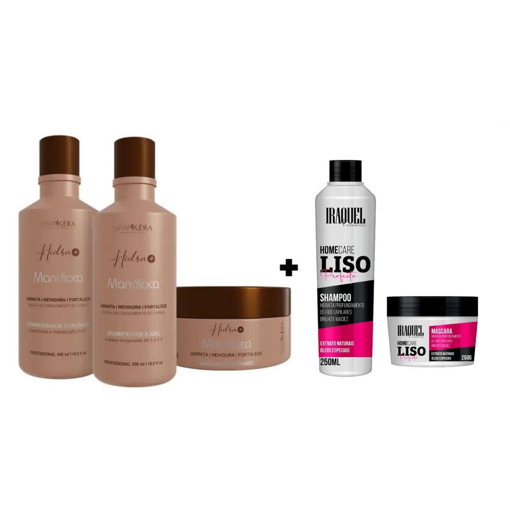 KIT MANDIOCA (SHAMPOO 500ML,CONDICIONADOR 500ML E MÁSCARA 300G) GRANKERA + KIT LISO PERFEITO IRAQUEL