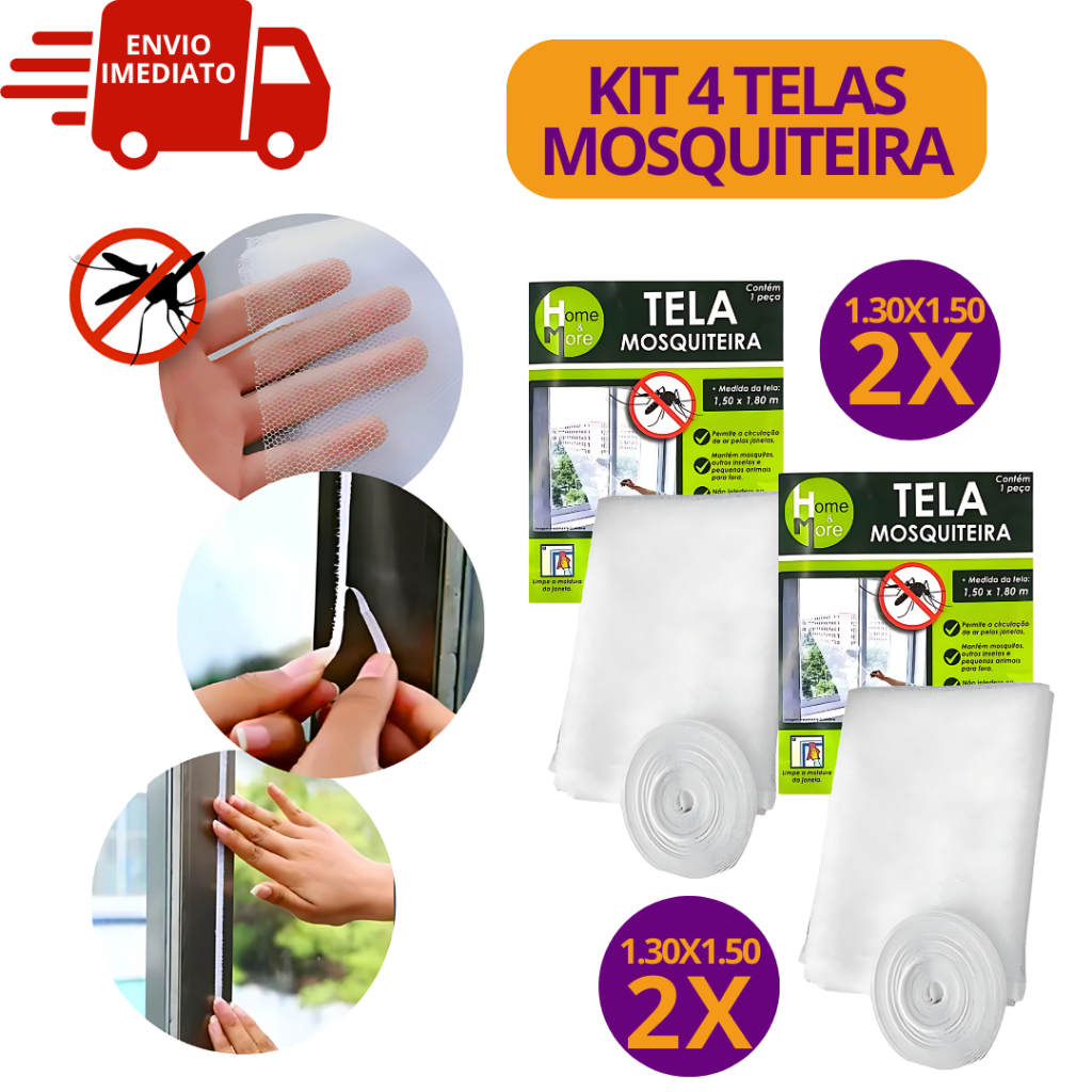 Tela Mosquiteiro 4/2 Janela Anti Inseto Velcro 2 de 1.30M X 1.50M e 2 de 1.50m X 1.50M X 1.80