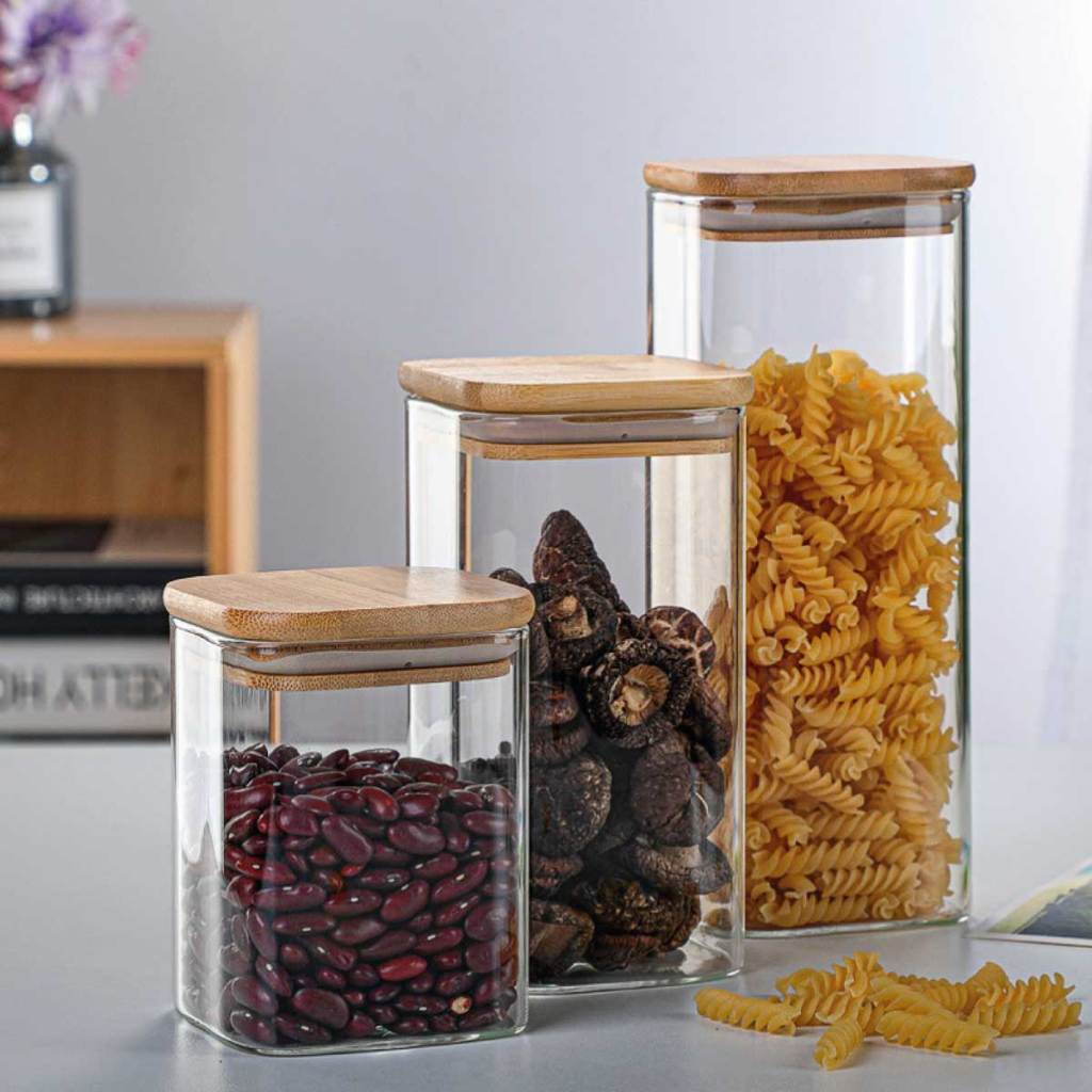 Kit 5 Potes de Vidro com Tampa de Bambu para Condimentos e Alimentos — foto 5