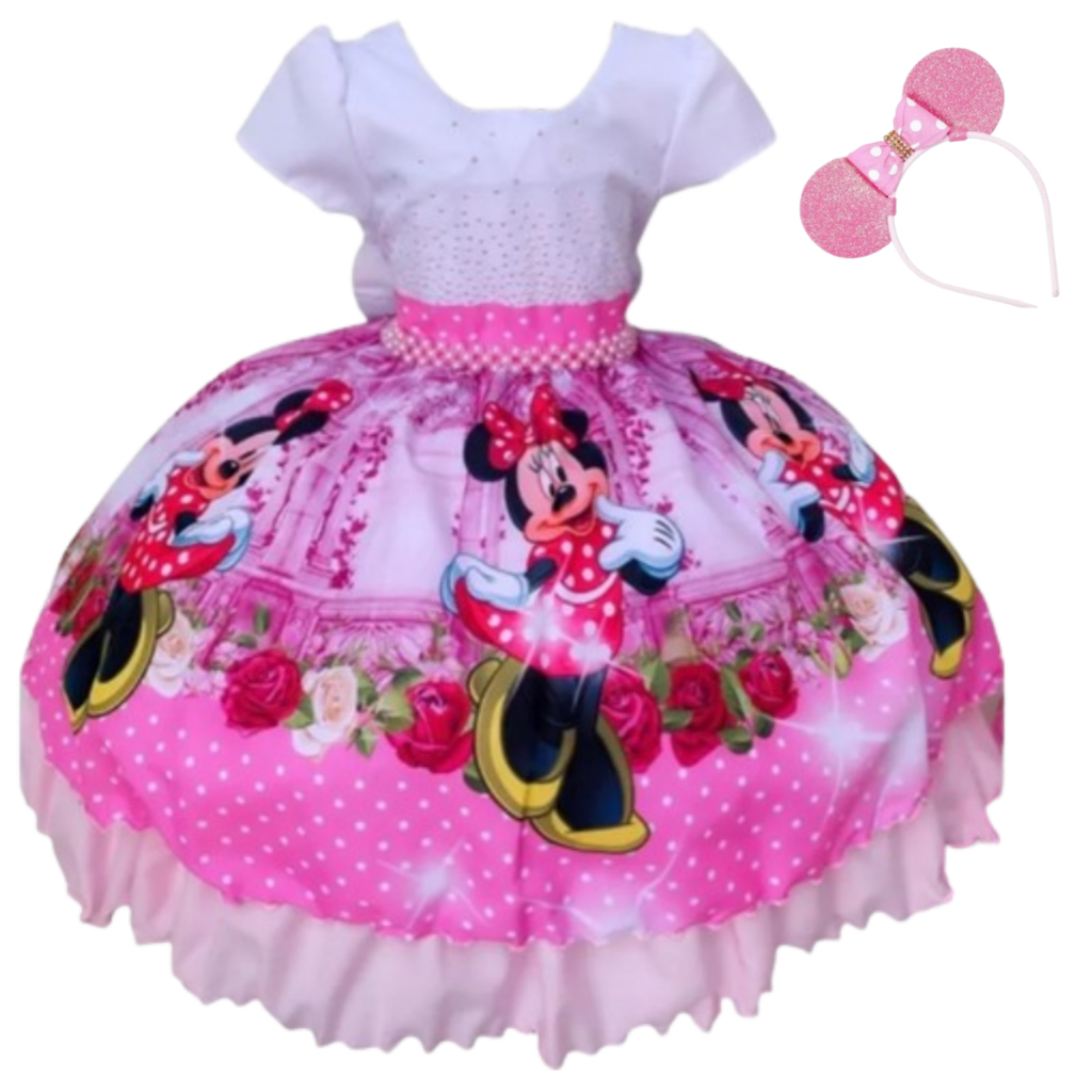 Vestido Minnie rosa aniversario temático da Minnie com saiote em tule e tiara excluisiva d156