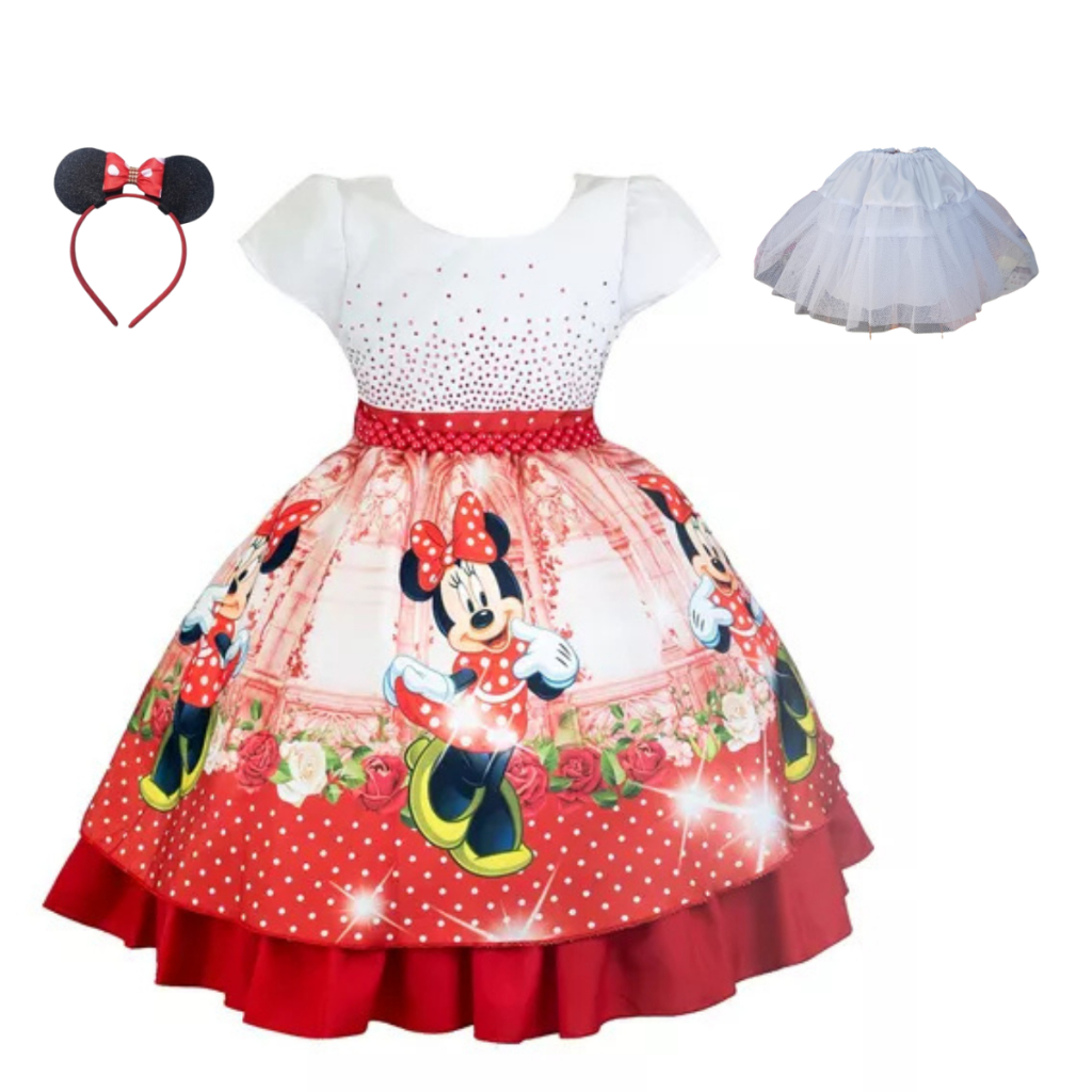 Vestido Minnie aniversário tematico com tiara personalizada e saiote tamanho 1 ao 8  mini mine minie d155