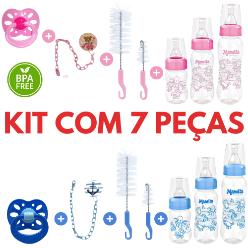 Kit 7 peças para bebê 3 mamadeiras + 2 escovas + 1 chupeta + 1 prendedor de chupeta em Oferta na Shopee