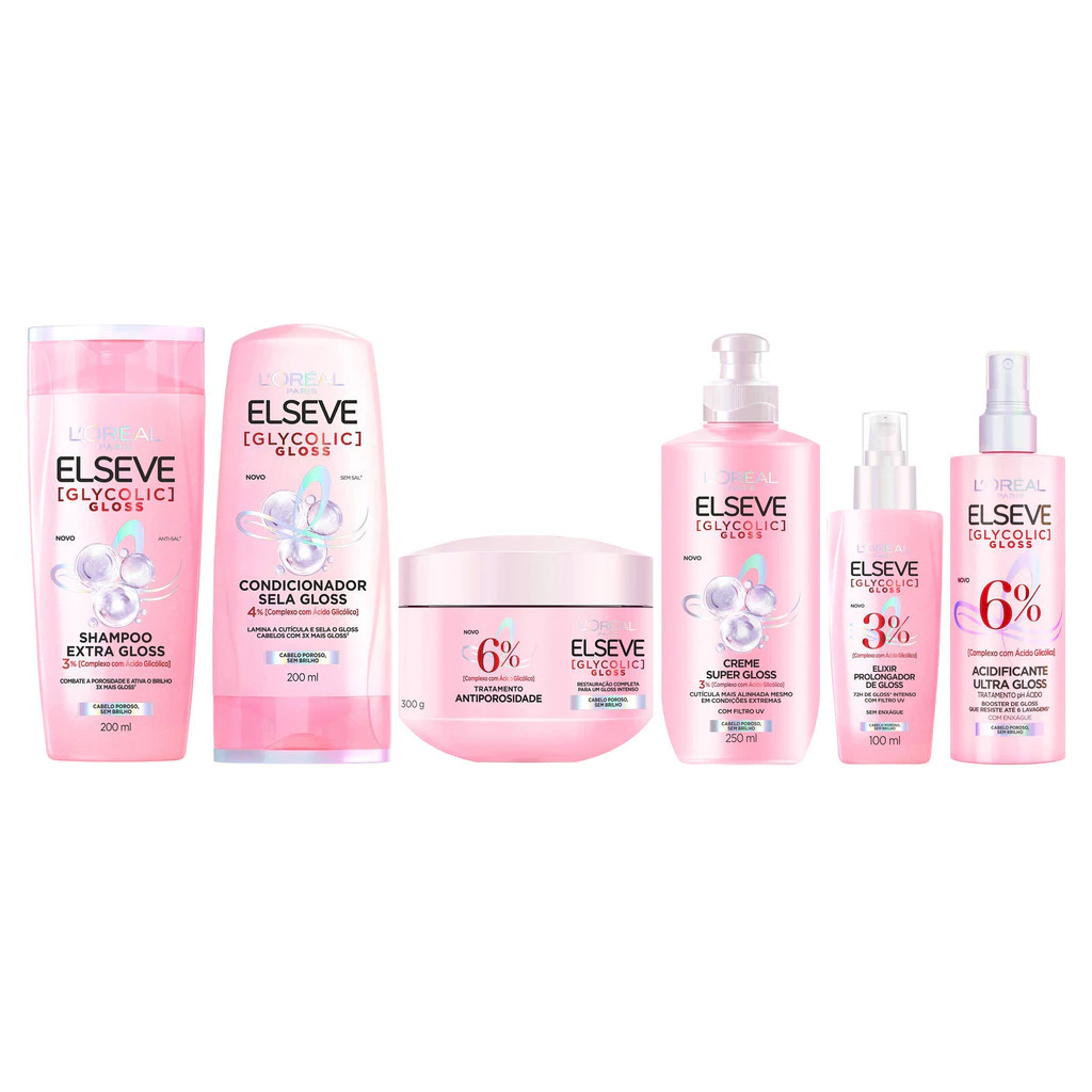 KIT ELSEVE GLYCOLIC GLOSS LORÉAL PARIS COMPLETO 6 ITENS - SH/CD 200, CR PENTEAR, MÁSCARA, SÉRUM E ACIDIFICANTE - 6 ITENS