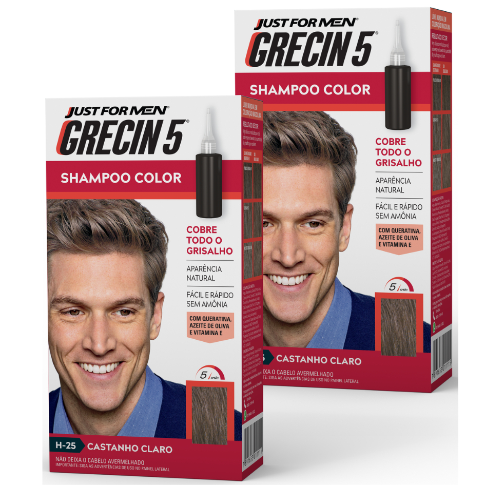 Kit 2x unidades  Grecin 5 Shampoo Tintura Tonalizante Castanho Claro H-25 60ml - Cobre os cabelos grisalhos em 5 minutos em Oferta na Shopee