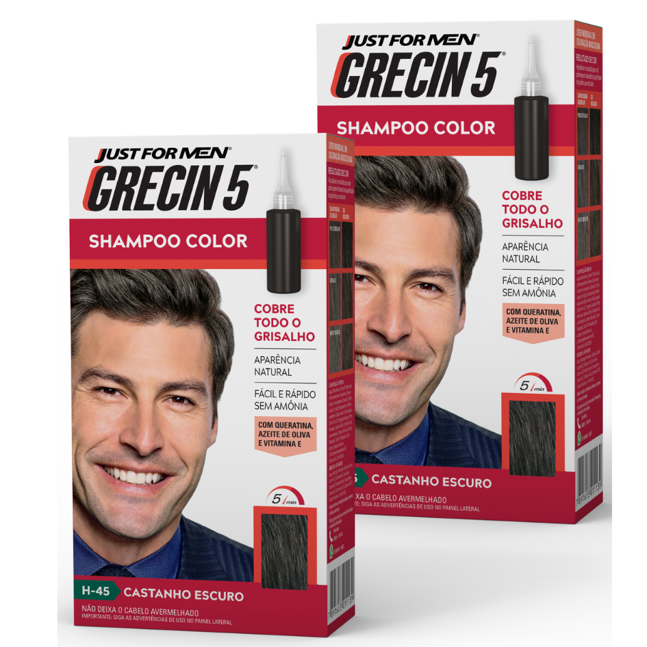 Kit 2x unidades Grecin 5 Shampoo Tintura Tonalizante Castanho Escuro H-45 60ml - Cobre os cabelos grisalhos em 5 minutos em Oferta na Shopee