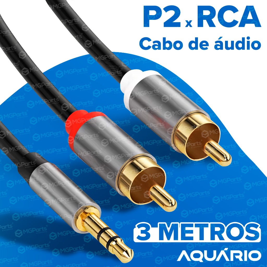 Cabo P2 Estéreo x 2 Rca Profissional Plug Metal Ouro 24K Níquel 2 / 3 Metros Garantia 12M Aquário