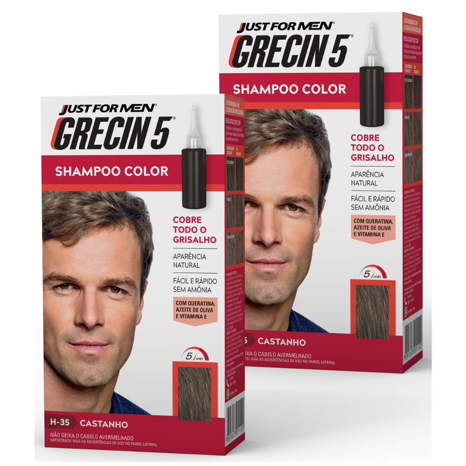 Kit 2x unidades - Grecin 5 Shampoo Tintura Tonalizante Castanho H-35 60ml - Cobre os cabelos grisalhos em 5 minutos. em Oferta na Shopee