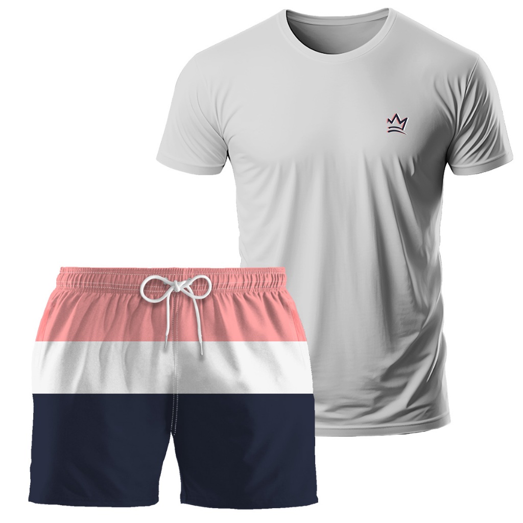 Kit Camiseta 100% Algodão Short Masculino Levinho Tactel Bermuda Roupa Praia Piscina Academia Treino Tamanho Grande